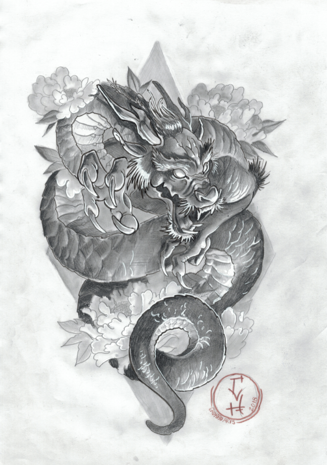 dragon neo japones tatuaje palencia tattoo flores